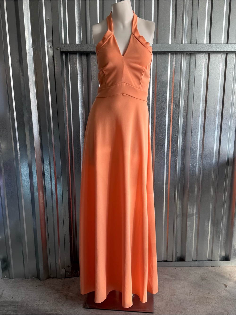 70s Halter Maxi Dress Peach Open Back Grecian Goddess Prom Formal S